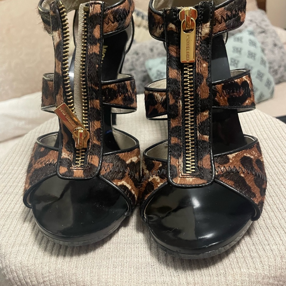 Michael Kors Collection Leopard Print Gold-Zip Strappy Heels